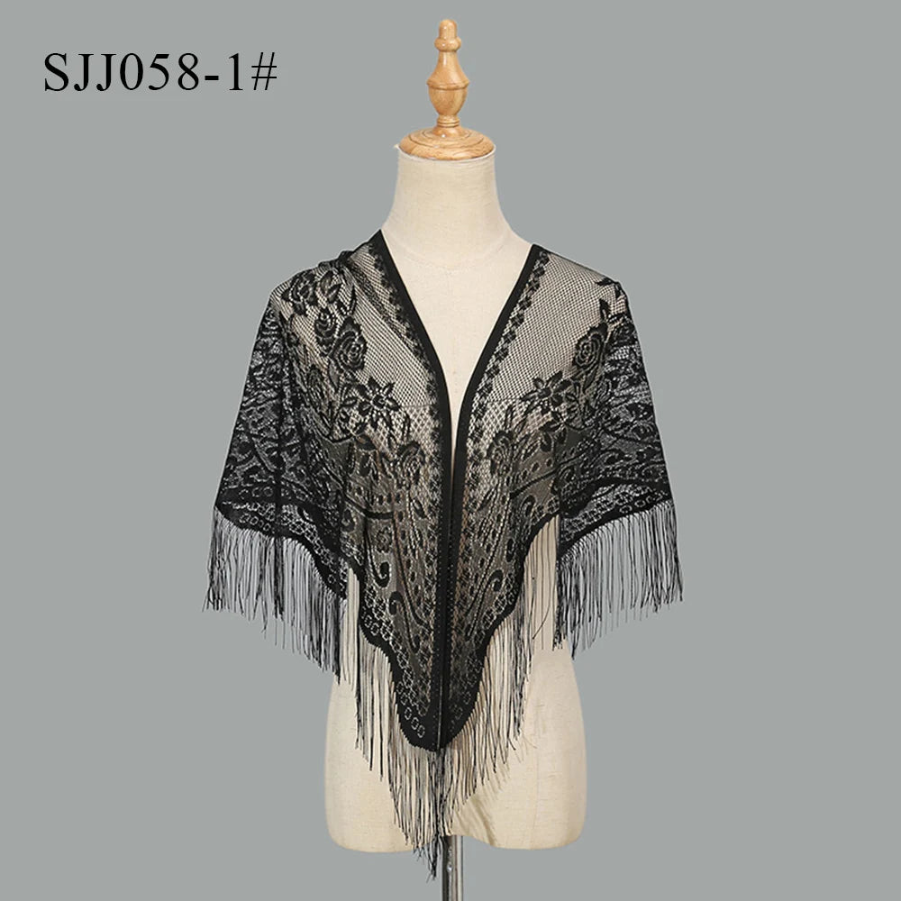 2024 White/Black Catholic Woman Spanish Style Lace Tassel Church Veil Head Covering Long Veil Floral Scarves Wedding Accessories Badiee Stylez