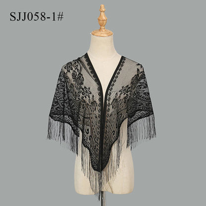 2024 White/Black Catholic Woman Spanish Style Lace Tassel Church Veil Head Covering Long Veil Floral Scarves Wedding Accessories Badiee Stylez