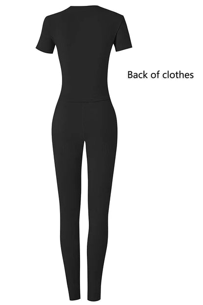 Lounge Wear Ribbed Casual 2 Piece Summer Shorts Set For Women Sleeve Top+Elastic Leggings Outfits