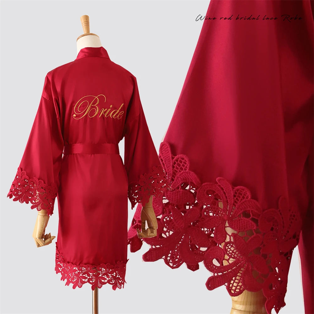 Wedding Embroidery Bride Bridesmaid Kimono Dresses Lace Gown Sexy Women Robes Home Gown Bathrobe Short Night Shirts Sleepwear1PC Bride red
