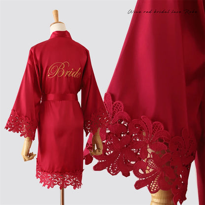 Wedding Embroidery Bride Bridesmaid Kimono Dresses Lace Gown Sexy Women Robes Home Gown Bathrobe Short Night Shirts Sleepwear1PC Bride red