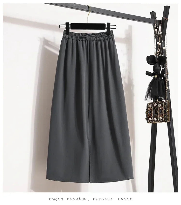 2025 Summer Female Fashionable Versatile Solid Skirts High Waisted Mid Length A-line Plus Size Skirt Split Wrap Body Skirt