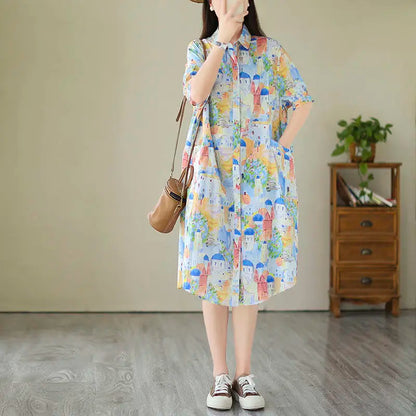 Fashionable Cartoon Printed Short-sleeved Shirt Skirt for Women in Summer Loose Dress