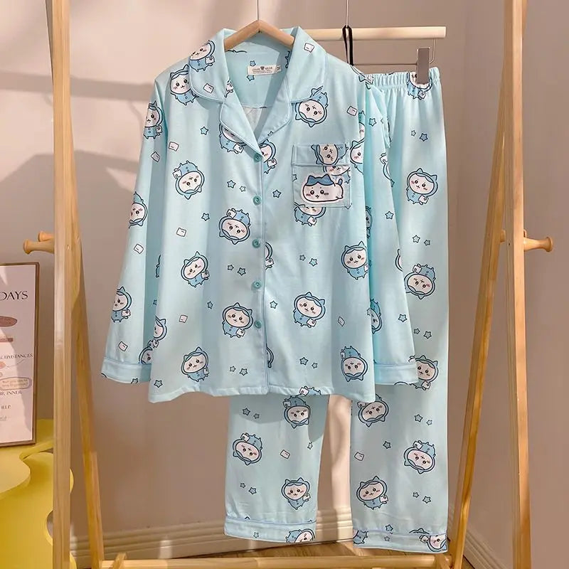 Kawaii Chiikawa Anime Pajamas Cartoon Usagi Hachiware Cute Girls Long Sleeves Long Pants Spring Autumn Student Home Clothes Set