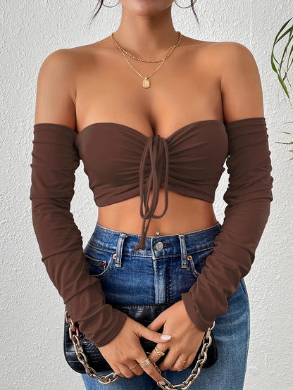 Sexy Ruched Crop T-Shirt - Off Shoulder, Long Sleeve, Drawstring Front, Flattering Fit, Clubwear, Night Out, Womens Fashion Clot Chocolate