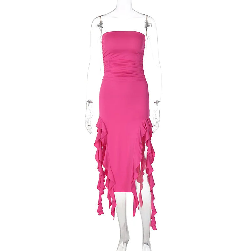 WonMiracle Elegant Strapless Dress Women Irregular Tassel 2024 Summer Trend Skinny Split Maxi Bodycon Party Dress For Women Rose Red