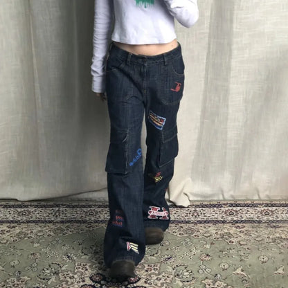 Karrram Vinatge Y2k Baggy Jeans Japanese 2000s Style High Waist Flared Jeans American Retro Denim Cargo Pants Harajuku Trousers