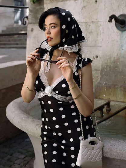 Polka Dot Ruched Dress Elegant Birthday Party Skinny Bodycon Sexy Backless Dress Women Flying Sleeve Lace Trim Applique