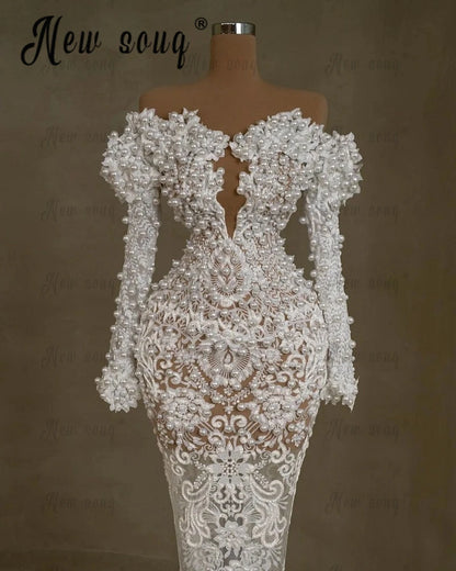White Lace Off Shoulder Long Sleeve Evening Dress Mermaid Bridal Gown Dubai Elegant Wedding Party Dresses Pearls Customized Badiee Stylez