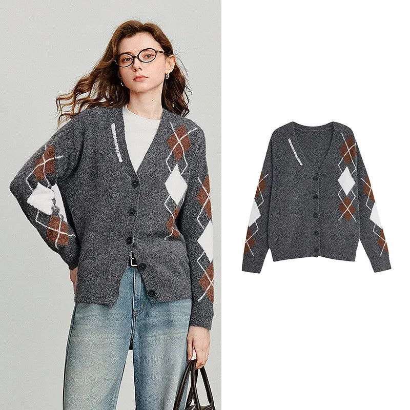 TOYOUTH Women Knitted Sweater 2025 Autumn New Grid Pattern V Neck Single Breasted Button Knitted Cardigan Coat Gray Gray