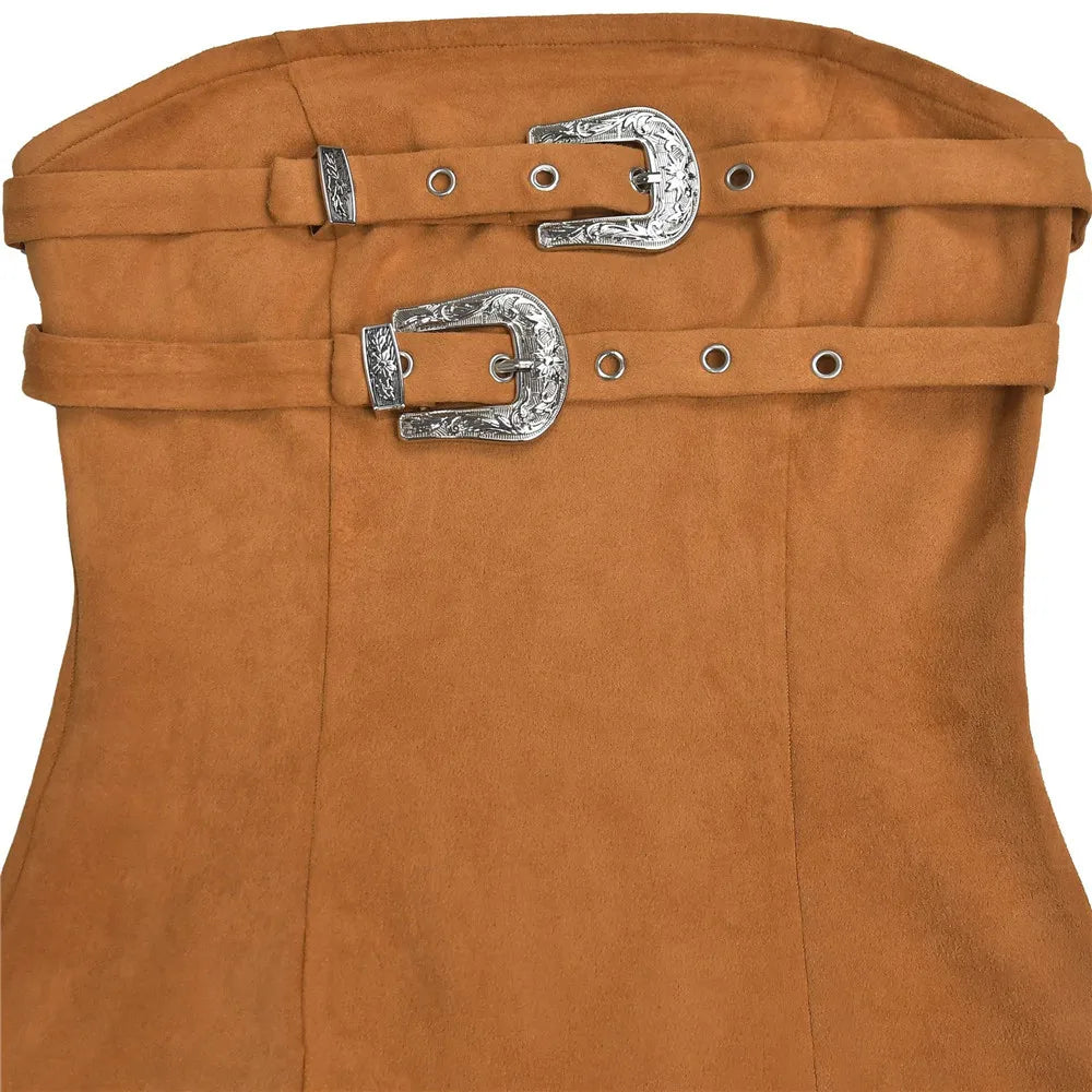 RLMABABY Sexy Strapless Tassel Bodycon Mini Dress Women Gown Slim Backless Sleeveless Metal Buckle Club Party Sheath Short Dress