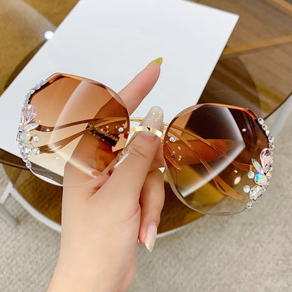Women's New Diamond-encrusted Sunglasses Rimless Cut Edge Sunglasses Big Face Slimming Sunglasses