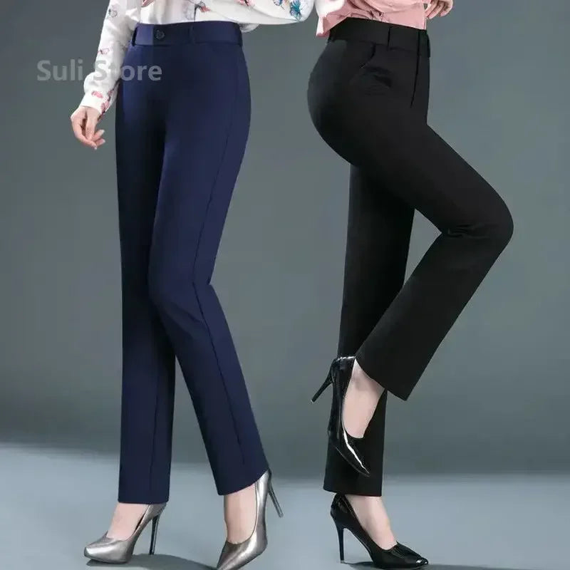Spring Autumn Casual Button Elastic Mid Waist Black&Navy Blue Straight Trousers Office Lady Quick Drying Suit Pants Female Badiee Stylez