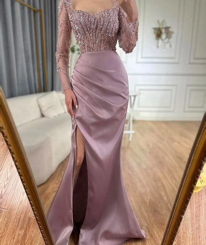 Glamorous Evening Dress Formal Occasion Dress Square Neck Long Sleeves Shining Applicants Sequins Prom Gowns Vestido De Noite Badiee Stylez