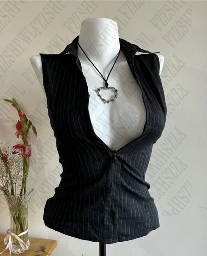 Zip Vintage Personality Tank Tops Woman's Clothing Summer Daily Stripes Camisole Y2K Popular Sexy Singlet Female Sleeveless Vest