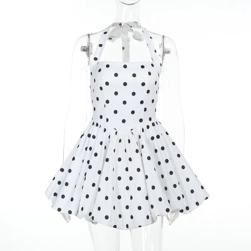 TARUXY Polka Dot Vacation Mini Dress For Women High Waist A-line Ball Gown Dress Sleeveless Halter Neck Female Summer Fashion