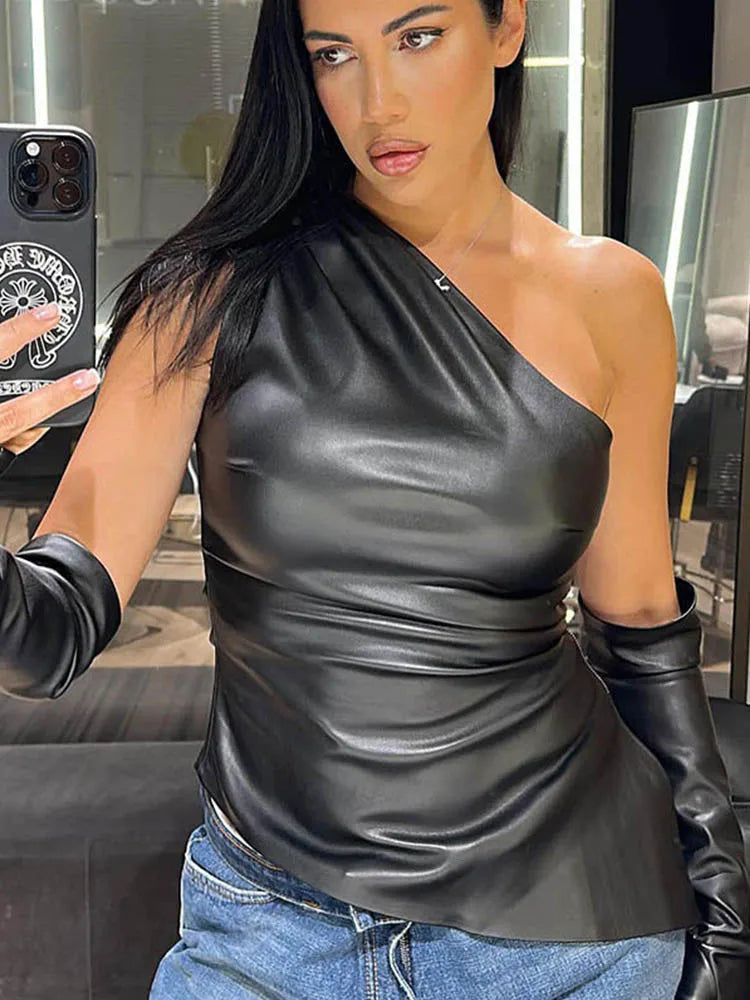 Sexy Shoulder waist Women's tops Leather vest with sleeves irregular hem vest women's clothing