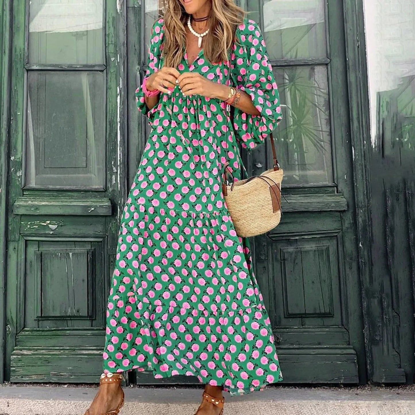 Puff Sleeve Boho Maxi Dress Elegant Women Summer 2022 Casual Floral Drawstring V-Neck Loose Holiday Beach Dresses Party Vestidos Badiee Stylez