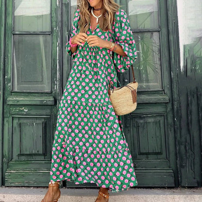 Puff Sleeve Boho Maxi Dress Elegant Women Summer 2022 Casual Floral Drawstring V-Neck Loose Holiday Beach Dresses Party Vestidos Badiee Stylez
