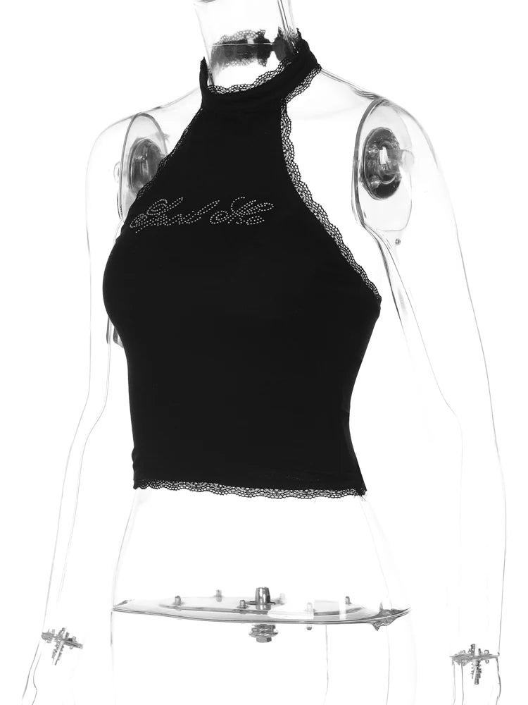 Dulzura Halter Sleeveless Crop Top Vest 2024 Summer Women Lace Patchwork Sexy Rhinestones Y2K Vintage Elegant Club