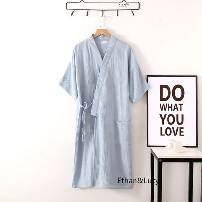Summer 100% Cotton Gauze Crepe Short Sleeve Robes for Women and Men Solid Bathrobe Loose Soft Japanese-style Kimono Robe 2021 Men Light blue