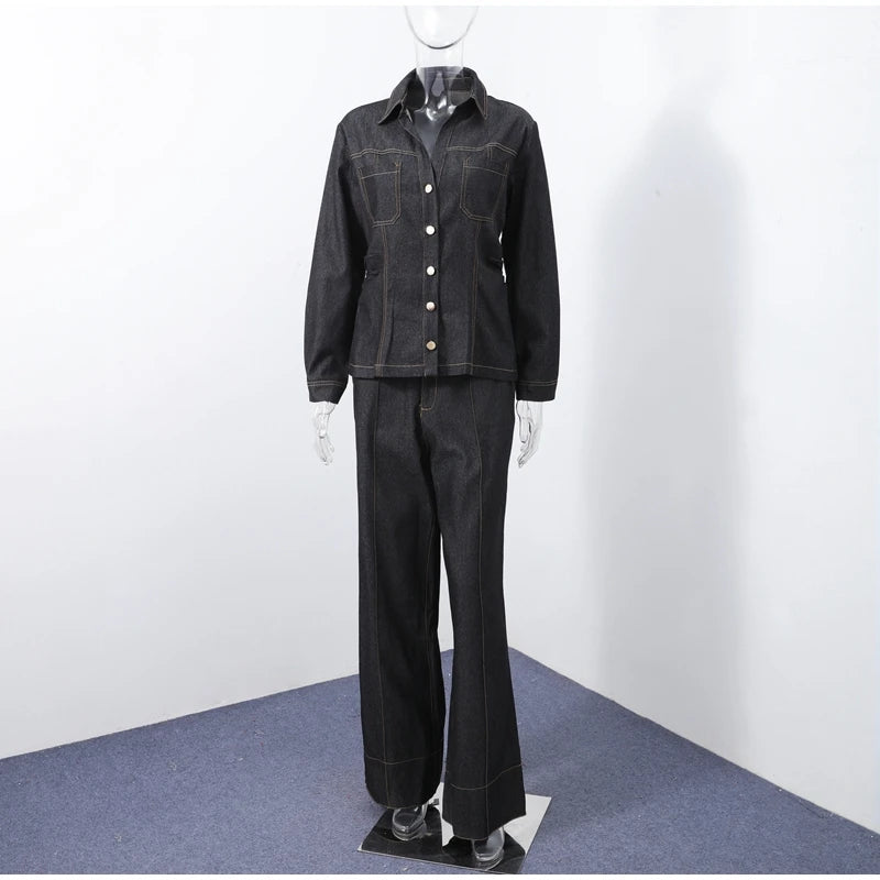 Street Vintage Denim Pants Sets Women Slim Long Sleeve Lapel Single Breasted Jacket Straight Trousers 2025 Autumn Lady Outfits