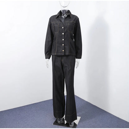 Street Vintage Denim Pants Sets Women Slim Long Sleeve Lapel Single Breasted Jacket Straight Trousers 2025 Autumn Lady Outfits