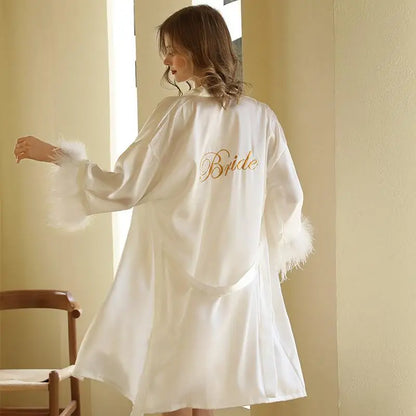 Kimono Bride Bridesmaid Robe Loungewear Wedding Bathrobe Gown Feather Women Embroidery Letter Sleepwear Short Satin Nightgown White Bride
