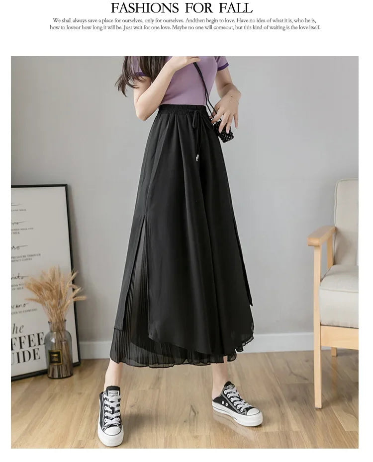 Women Pants Culottes Elastic Wide Leg Irregular Hem Double Layers Korean Trousers Summer Casual Loose Pleated Pants