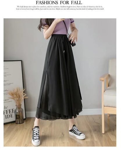 Women Pants Culottes Elastic Wide Leg Irregular Hem Double Layers Korean Trousers Summer Casual Loose Pleated Pants