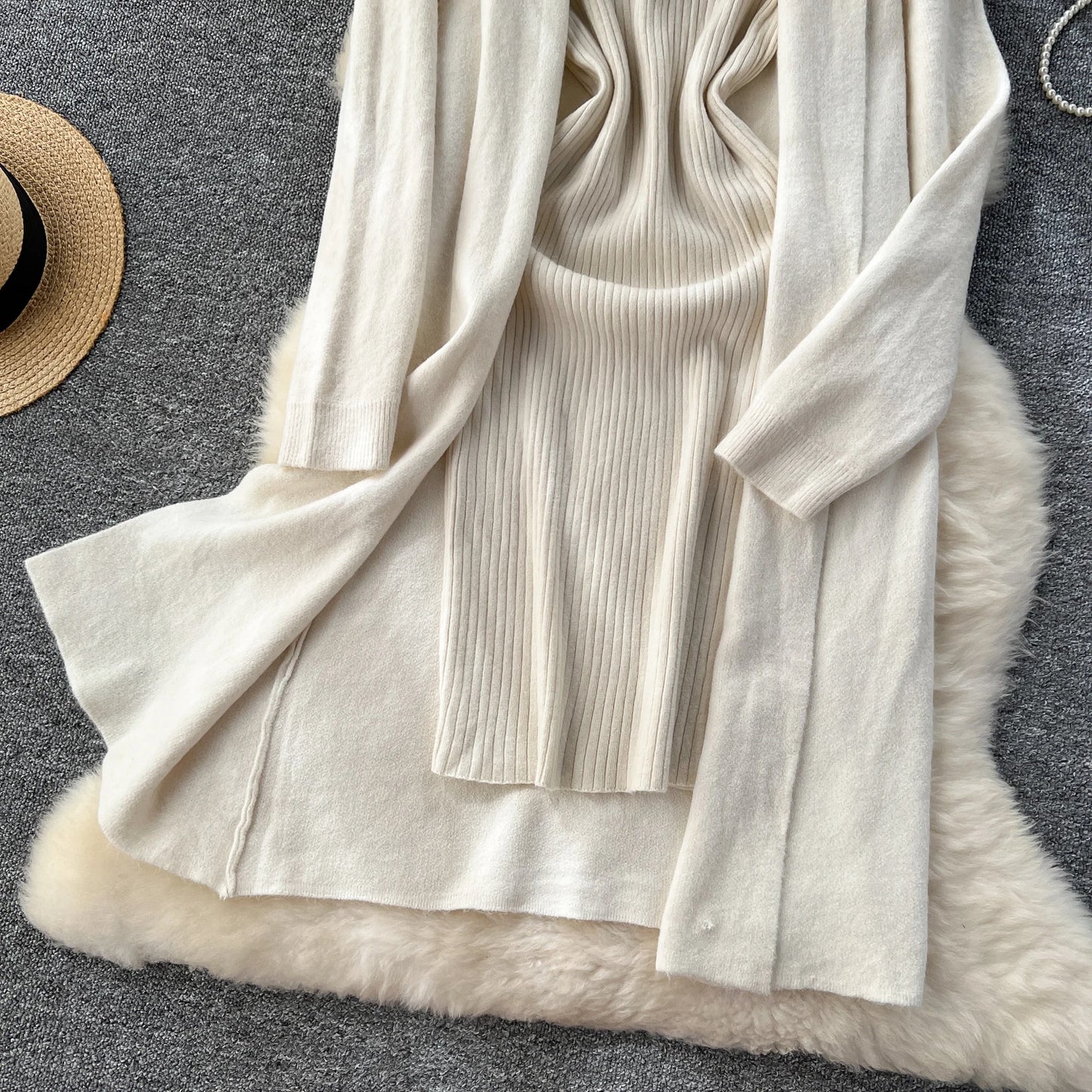 SINGREINY Autumn Knitted Two Pieces Sets Ladies Loose Knitting Cardigan+Spaghetti Strap Bodycon Dress Basic Solid Winter Suits Badiee Stylez