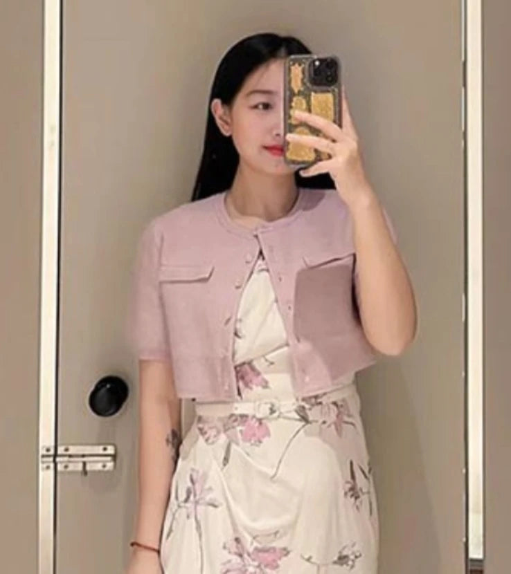 Kuzuwata Gentle Elegant O Neck Half Sleeve Jumper Knit All-match Short Preppy Literary Cardigan Japan Spring New Fresh Sweaters Pink One Size