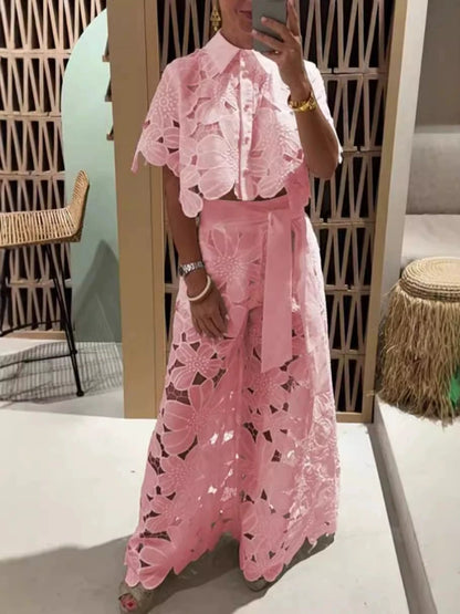 Women Set Short Sleeved Blouse Tops + Tie-up Pants Two Peics set Lace Outfit Embroidery 2025 New Retro Hollow Temperament Suit Pink