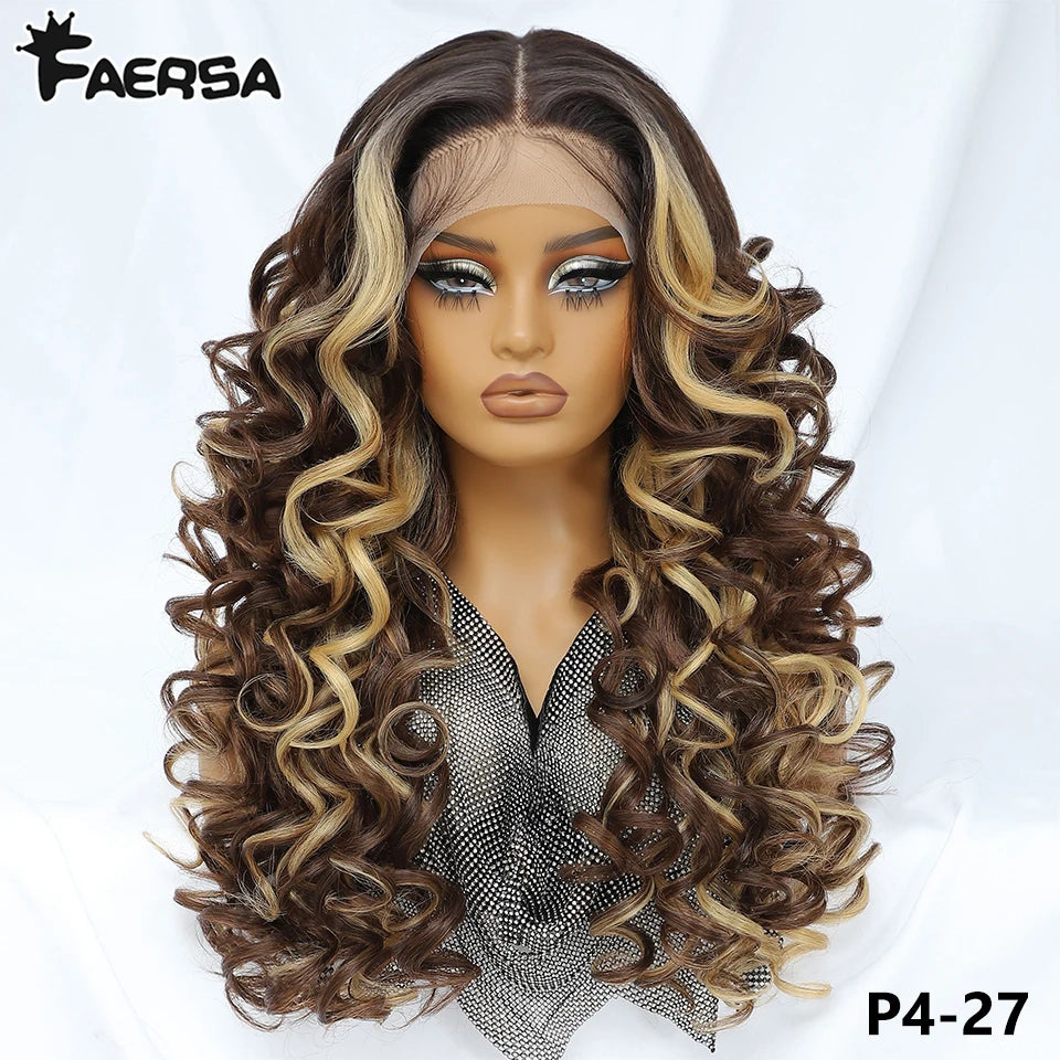 Latisha 13X6 HD Synthetic Lace Front Wigs Curly Pre Plucked Lace Frontal Wig with Bangs for Women Highlight with Babyhair 24Inch Badiee Stylez