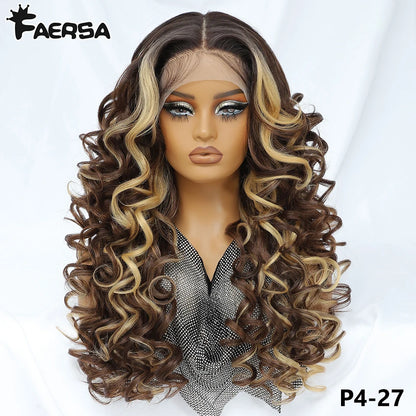 Latisha 13X6 HD Synthetic Lace Front Wigs Curly Pre Plucked Lace Frontal Wig with Bangs for Women Highlight with Babyhair 24Inch Badiee Stylez