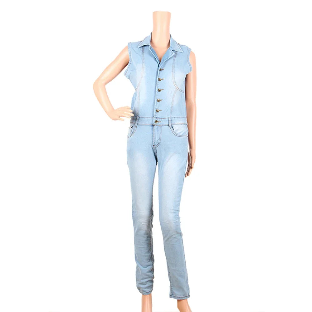 Denim Jumpsuit for Women Sexy Slim Fit Zipper Sleeveless V-Neck High Waist Fashion Jean Pants Rompers Badiee Stylez