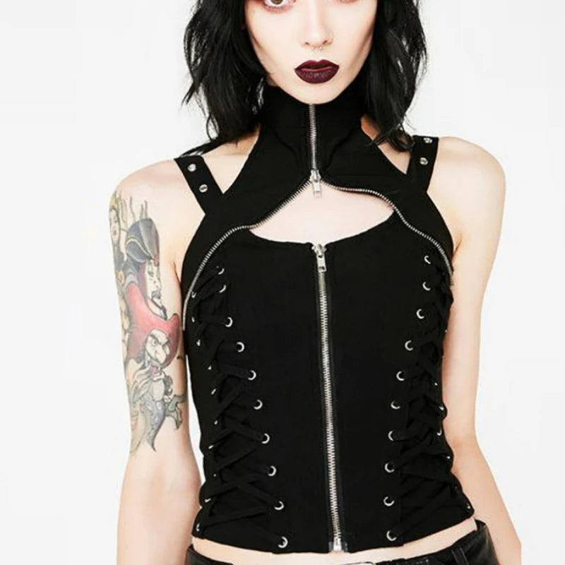 Y2k Dark Punk Gothic Corset Vest Women 2024 High Waist Bandage Crop Tank Tops Streetwear Emo Alt Harajuku Halter Rave Outfits Black