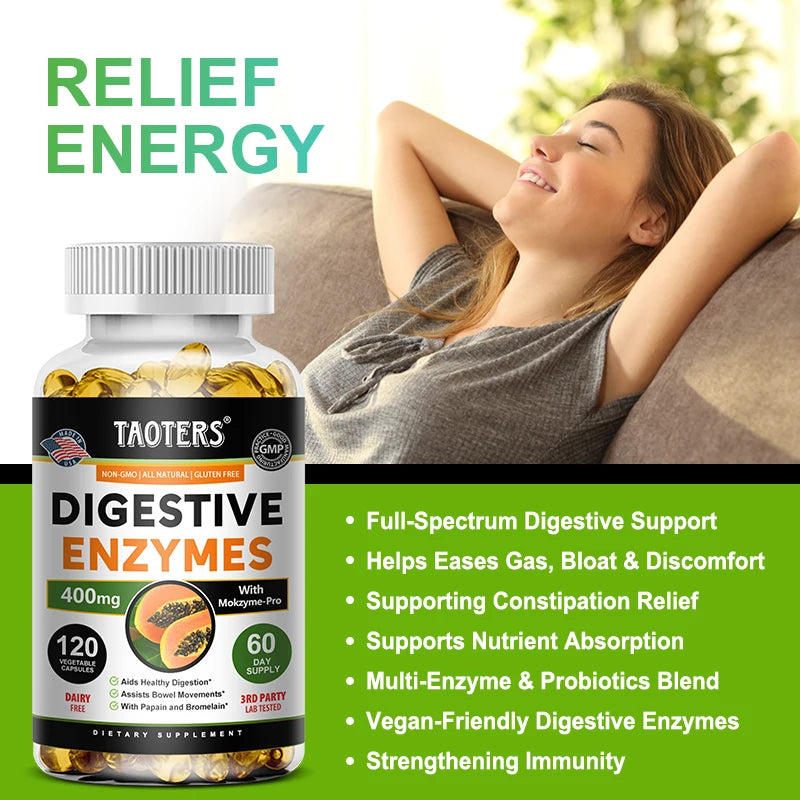 Digestive Enzyme Supplement, Beneficial Bacteria Support Immune, Digestive & Cardiovascular Health, 60 Capsules