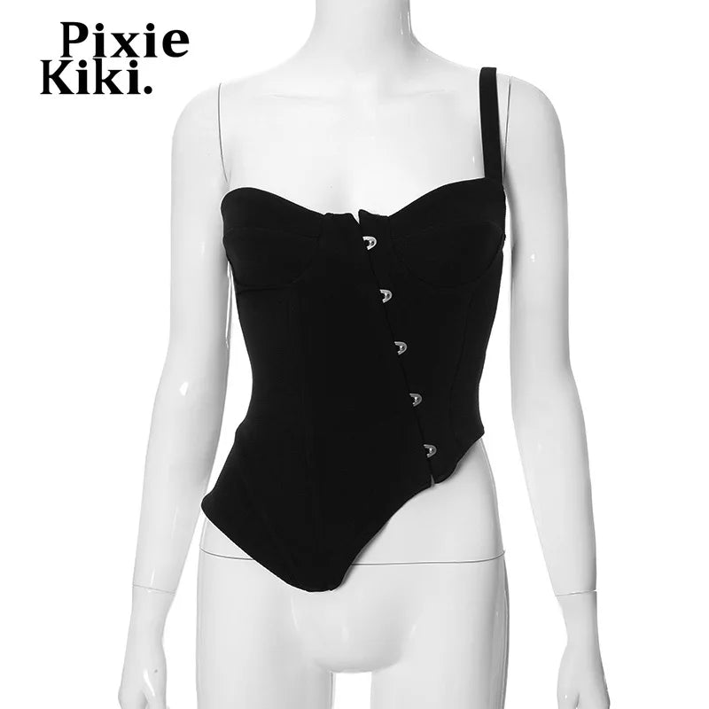 PixieKiki Sexy Black Busiter Corset Tops Club Wear Asymmetrical One Shoulder Backless Crop Top Women's Clothing 2024 C85-DD20