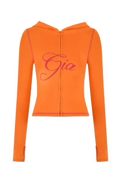 25 Summer New Shoulder Letter Printed Bright Thread Design Slimming Hooded Zipper Short Coat Shorts Set for Women orange top
