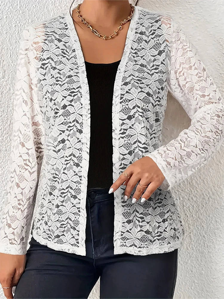 Plus Size 2025 Spring New Women's Elegant Camellia Long Sleeve Lace Cardigan Thin Transparent Jacket White