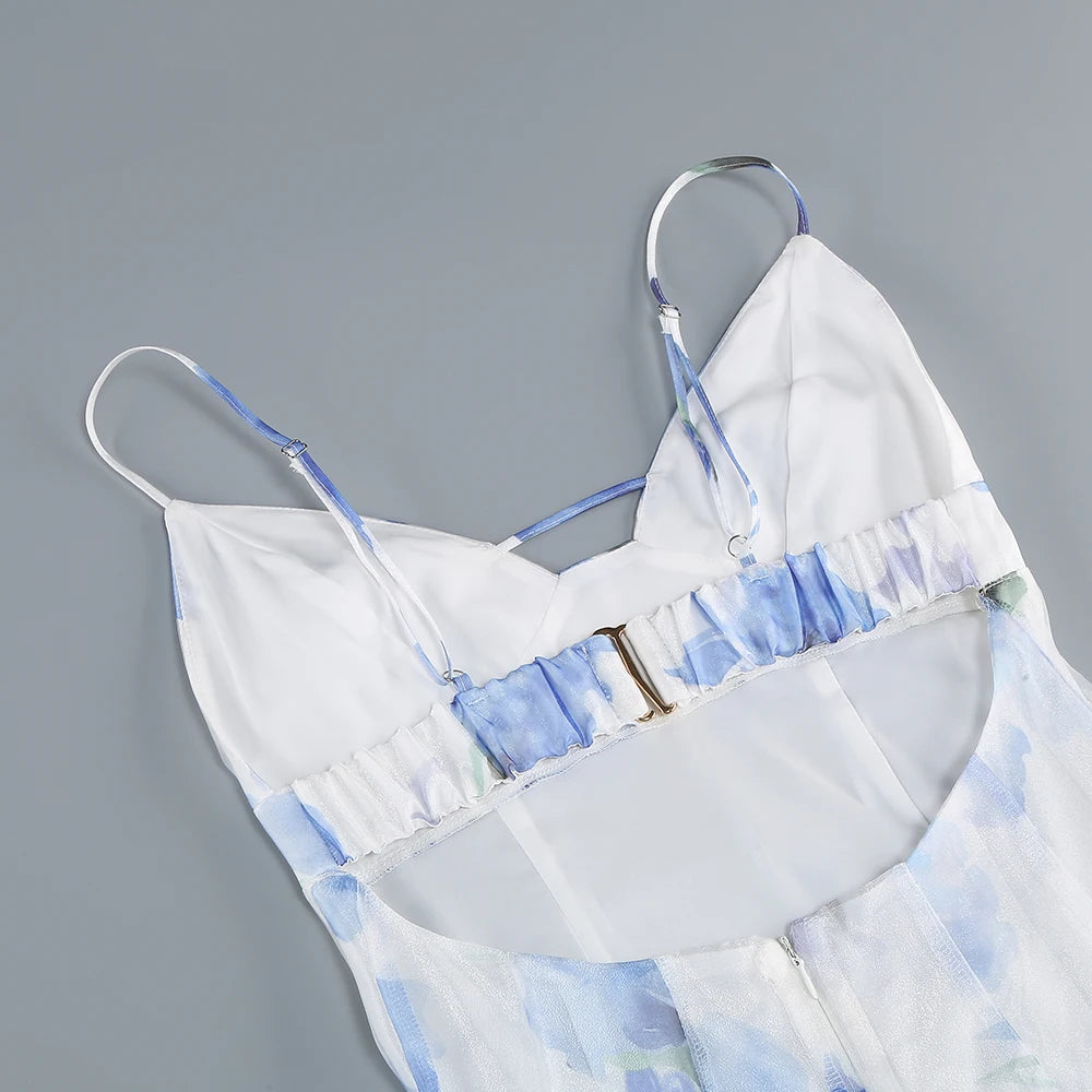 Summer New 2024 Women Sexy V Neck Backless Flower Chiffon Maxi Gowns Dress Split Celebrity Cut Out Beach Maxi Dress