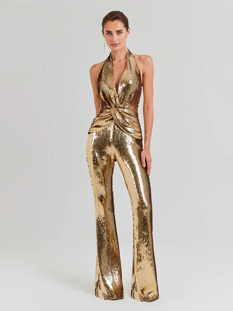 Women's Sleeveless Gold Sequin Jumpsuit Sexy V Neck Sparkle Sequined High Waist Wide Leg Pants Jumpsuit Celebrity Evening Party Badiee Stylez