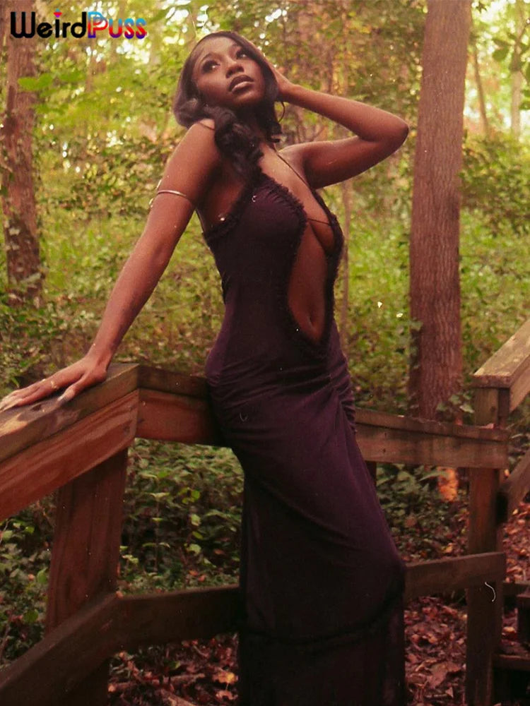 Weird Puss Side Split Women Dress Spaghetti Strap Halter Neck Edible Tree Fungus Hollow Out Sexy Evening Party Ladies Vestido