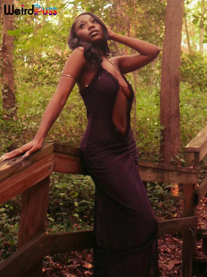 Weird Puss Side Split Women Dress Spaghetti Strap Halter Neck Edible Tree Fungus Hollow Out Sexy Evening Party Ladies Vestido