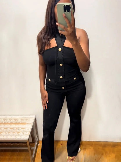 HH Women 2-Piece Set Elasticity Neck Halter Button Design Sleeveless Backless Sexy Top+Casual Elastic Waist Slim Long Pant Badiee Stylez