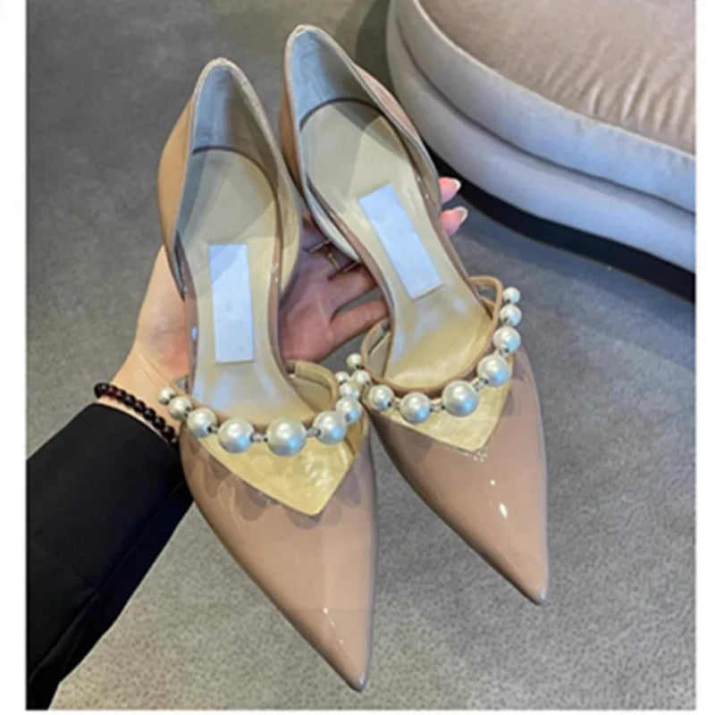Spring/Summer New Pointed High Heels Hollow Fashion Banquet Pearl Hollow V-Mouth Women's Thin Heels Shallow Mouth Sandals nude 7.5 cm