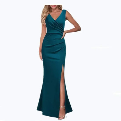 Women's V-neck Sleeveless Maxi Dress Summer Party Dance Slim Side Slit Evening Dress Sexy Backless Elegant Long Dress Partywear green