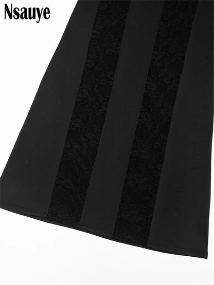 Nsauye Sexy Hollow Out Backless Lace Patchwork Slim Maxi Dresses For Women 2025 Autumn Winter Long Sleeve Long Dress Club Party
