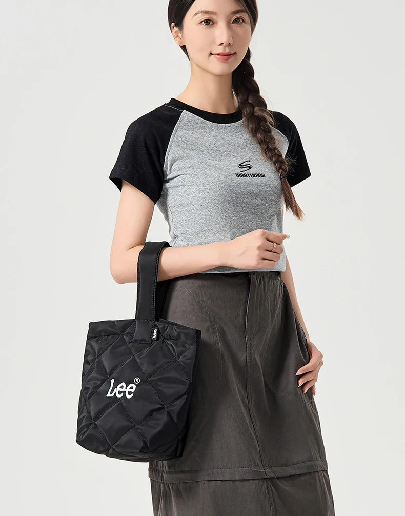 LEE Ladies Cute Design Puffer Bag Casual Soft Small Pink White Quilted Handbag Women Korean Style Down-filled Phone Bucket Bag